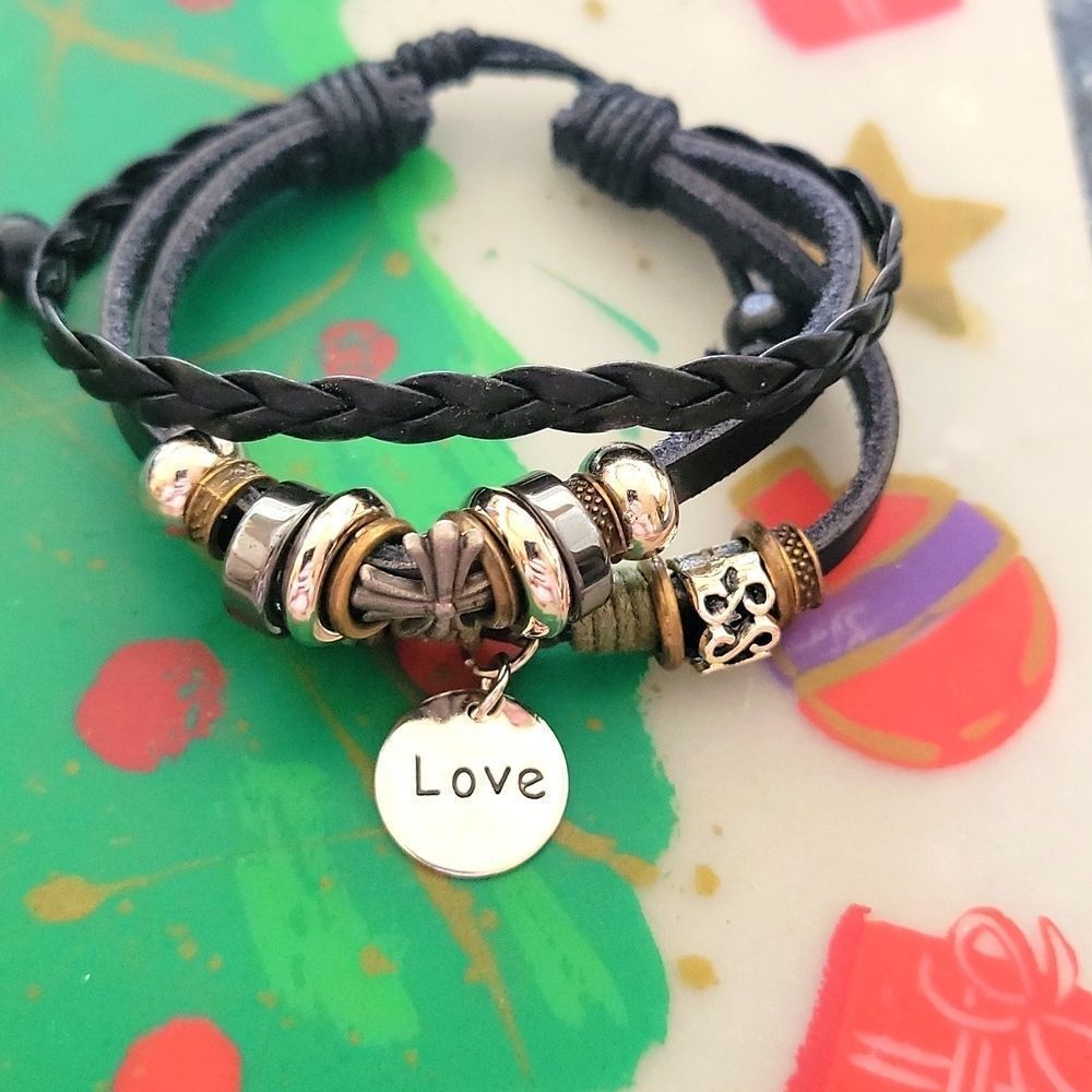 Love Charm Black Leather Tie Adjustable Bracelet New
